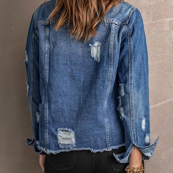 Medium Wash Distressed Women's Denim Jacket - Picture 4 of 5